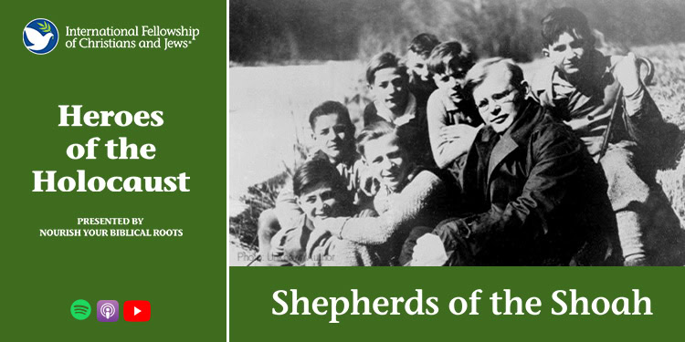 Pastor Dietrich Bonhoeffer with children, Shepherds of the Shoah podcast graphic