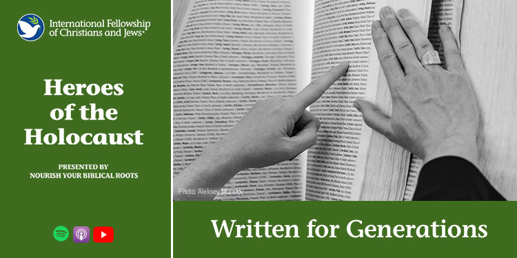 Close-up of two hands pointing at a book page, symbolizing education and remembrance of Holocaust heroes.