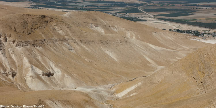 A vast desert landscape with rolling hills, dry valleys, and sparse vegetation, showcasing a barren yet beautiful terrain typical of arid regions.