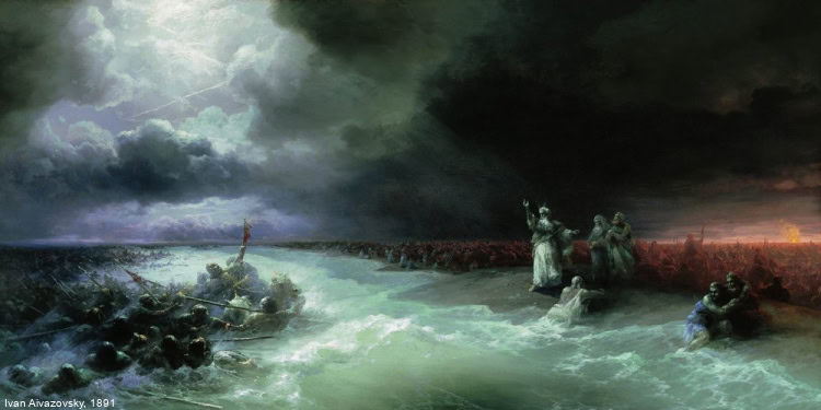 A historical painting depicting Jewish refugees crossing a river during a time of hardship, symbolizing hope, resilience, and faith amidst adversity.