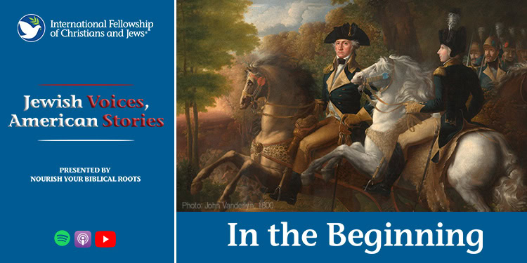 Historical painting of two men on horseback, dressed in 18th-century attire, engaging in a discussion outdoors, symbolizing Jewish and American history.