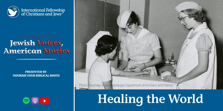 Women volunteers providing medical care and support in a community outreach setting, promoting healing and compassion through the International Fellowship of Christians and Jews.
