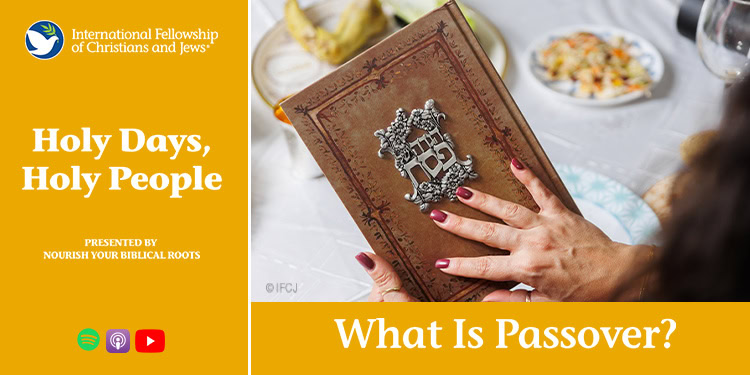 A person holding a Passover Haggadah book during a Seder meal, with traditional foods on the table, symbolizing the Jewish holiday of Passover.