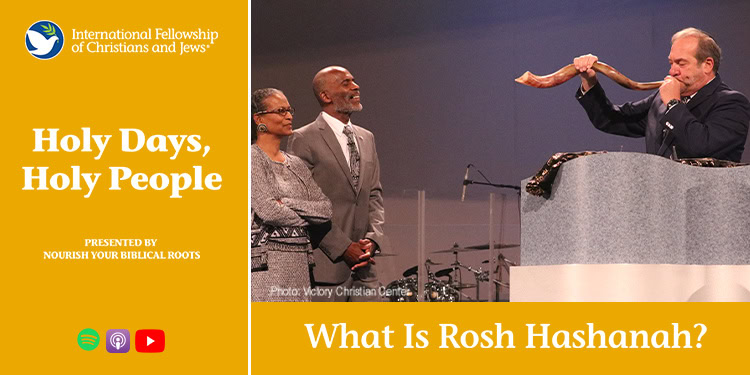 Religious leaders participating in a Rosh Hashanah event, with one blowing a shofar, symbolizing the Jewish New Year and spiritual renewal.