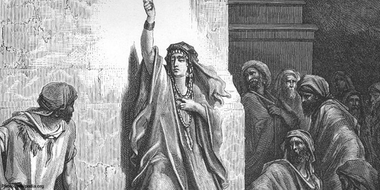 Black and white drawing of Deborah holding up her right arm while being surrounded by men.