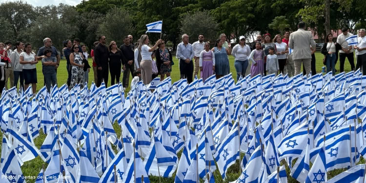 People standing in a field of Israeli flags