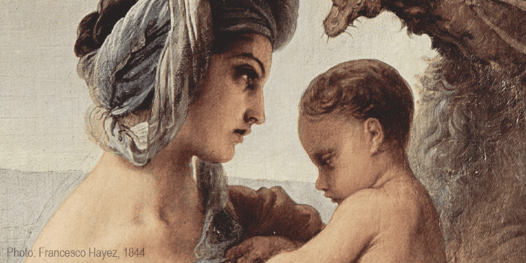 Rebecca with a young child, symbolizing compassion and faith in biblical stories.