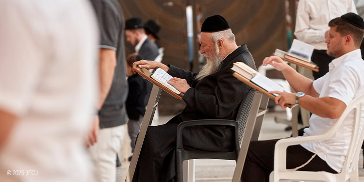 Men sitting in front of the Western Wall praying