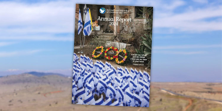 Cover of the IFCJ Annual Report 2024 featuring flags, flowers, and a memorial site, highlighting the organization's commitment to humanitarian aid and community support.