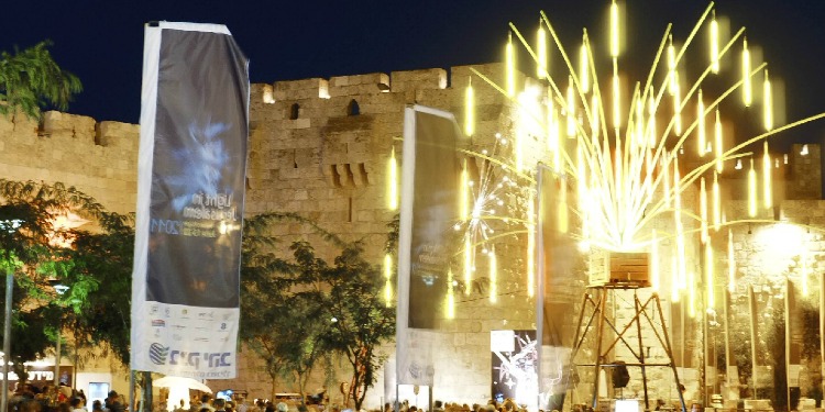 Signs and lights during Jerusalem's Festival of Light.