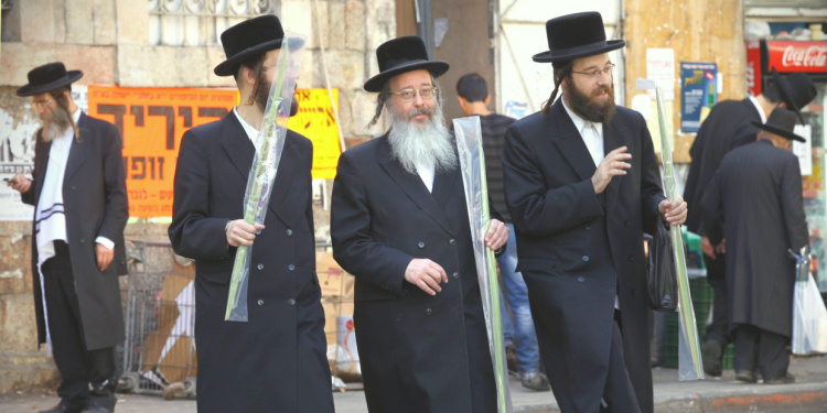 Ultra-Orthodox Jewish men prepare for the festival of Sukkot. 