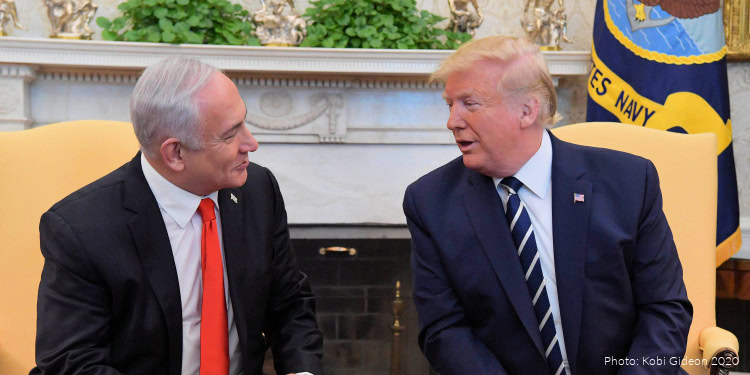 U.S. President Donald Trump and Israeli Prime Minister Benjamin Netanyahu in a meeting, discussing regional security and Middle East tensions.