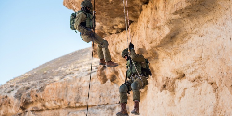 Two soldiers going down the side of a mountain on ropes.