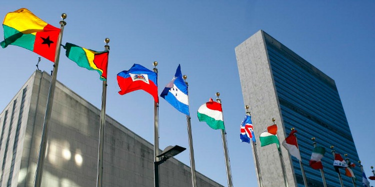 Thirteen flags lined up on flag poles outside of two gray buildings.