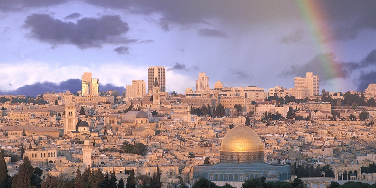 Aerial view of a rainbow over Jerusalem.