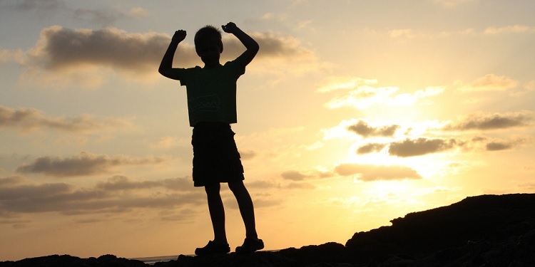 a young boy in shadow standing on a cliff with his arms raised in victory