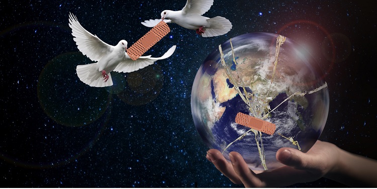 Digitized world covered in band aids with birds flying around.