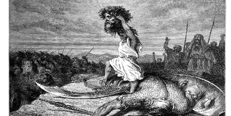 Black and white drawing of David slaying Goliath.