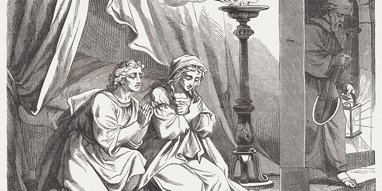 Black and white cartoon of two characters kneeling down praying.