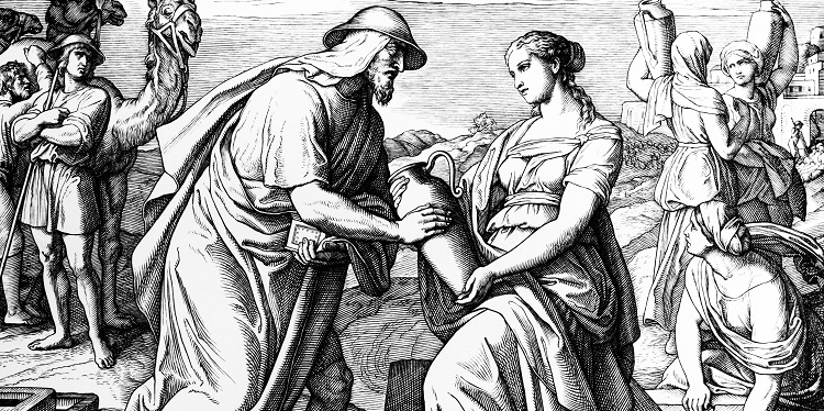 Black and white illustration of a man and woman holding a pitcher.