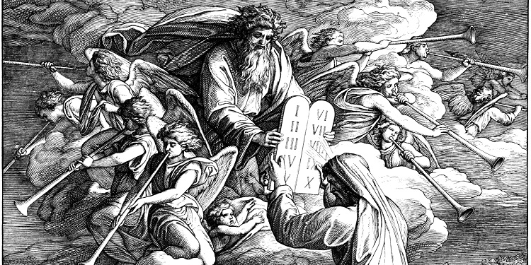 Black and white Illustration of Moses holding the 10 Commandments.