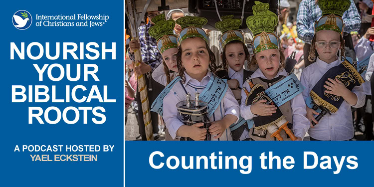 Graphic for podcast, Counting the Days, showing Jewish children in Israel celebrating Shavuot