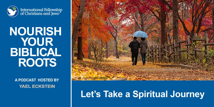 Let's Take a Spiritual Journey - High Holy Days podcast graphic - couple walking in autumn