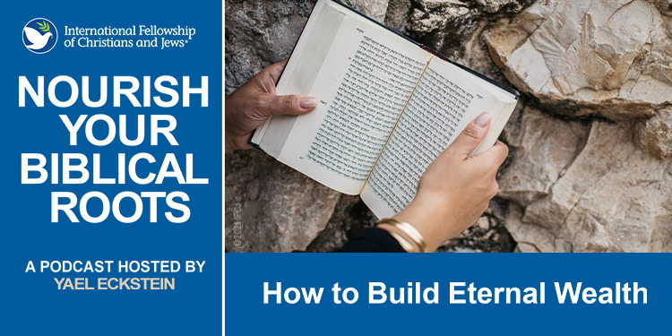 Yael Eckstein with Bible at Western Wall - graphic for podcast,