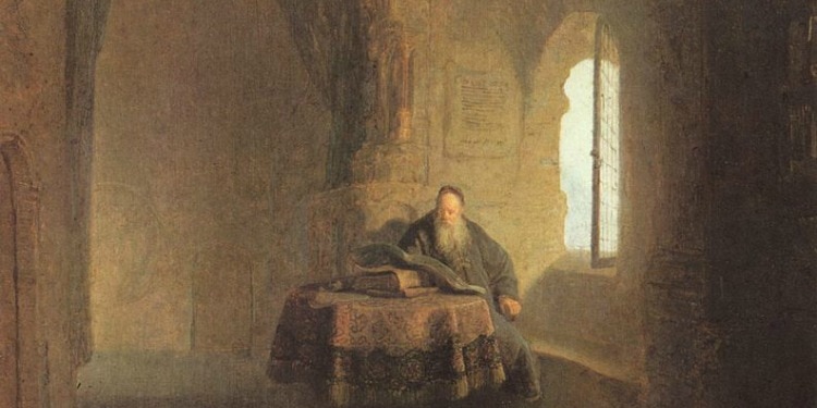 Drawing of a man reading a book while sitting at a table.