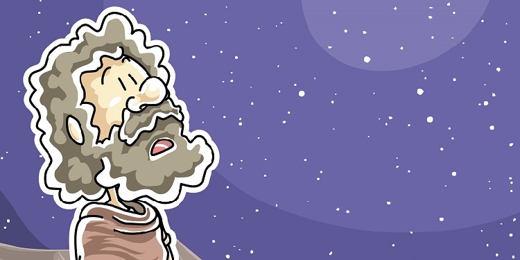 Cartoon image of Abram looking up into a purple sky with stars.