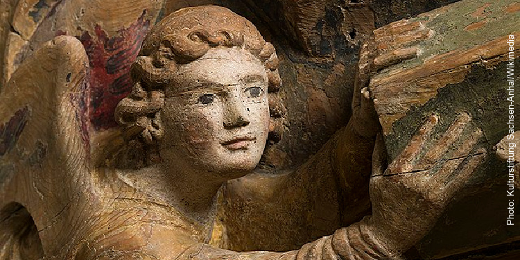 Angel, detail of the triumphal cross group, about 1220, Halberstadt Cathedral. Wood, painted
