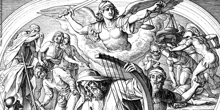 Black and white cartoon image of an angel protecting several people.