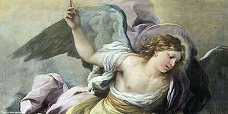 Painting of an angel coming down.