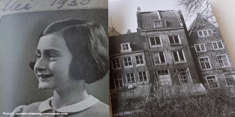 Black and white image of Anne Frank and a picture of a house to the right of her.