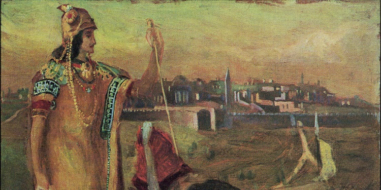 Painting of King Solomon outside the gate of Jerusalem.