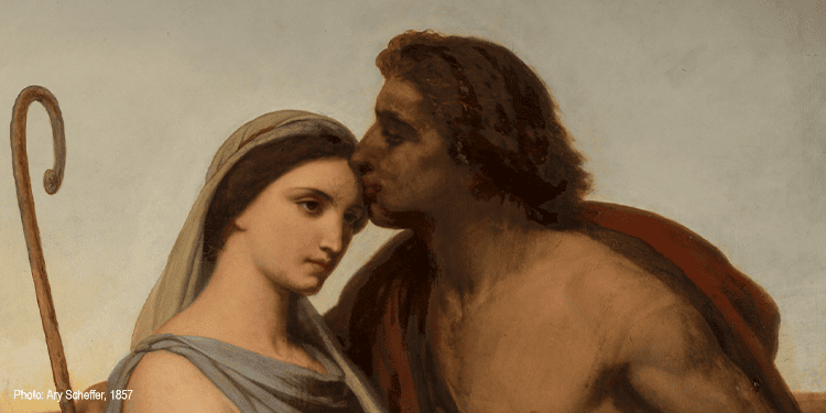 A woman of valor in prayer, reflecting strength and faith, with a man gently kissing her forehead, symbolizing love, devotion, and spiritual resilience.