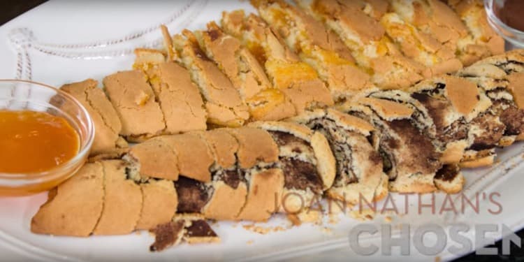 Cookies on a white plate with dipping sauces on the side.