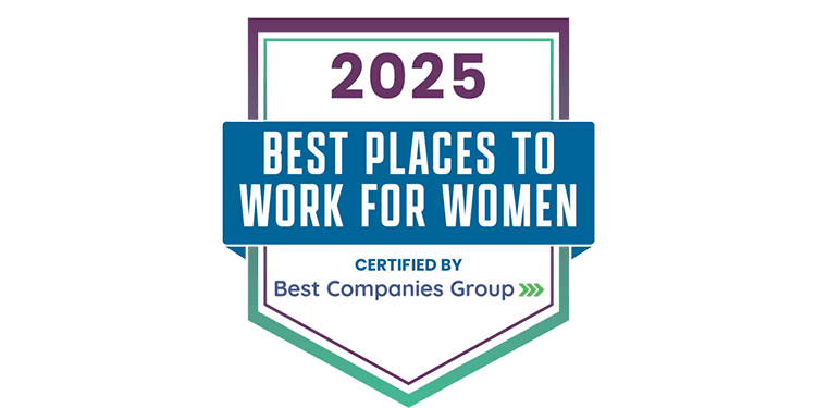 Badge awarded to IFCJ, recognizing it as one of the best places to work for women in 2025. The badge is blue and white, with the year prominently displayed and the certification by Best Companies Group, emphasizing IFCJ's dedication to fostering an inclusive and supportive workplace for women