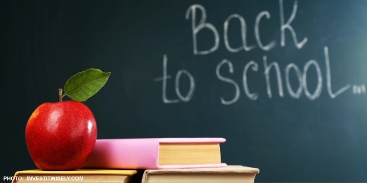 Red apple sitting on top of a stack of books in front of a chalkboard that reads Back to School