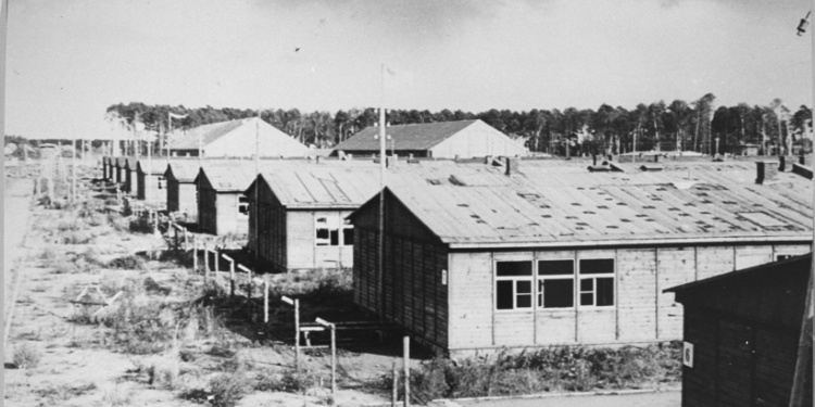 Black and white image of the barracks at Stutthof after liberation.