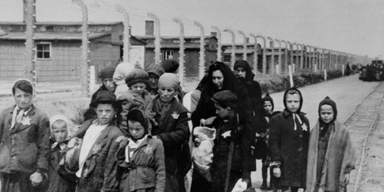 Jewish mothers and children at Birkenau gas chambers