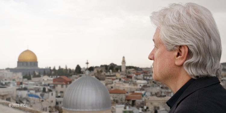 Bishop Paul Lanier overlooking Old City, where Western Wall is in Jerusalem