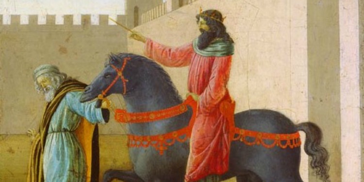 Drawing of the King on a horse while Mordecai leads it.