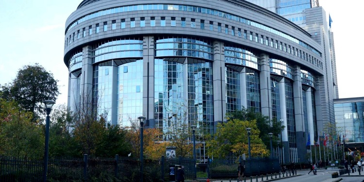 Glass and concrete building of the European Parliament in Brussels.