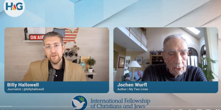 Split-screen interview showing two people speaking remotely, with IFCJ branding and on-screen labels identifying each speaker.
