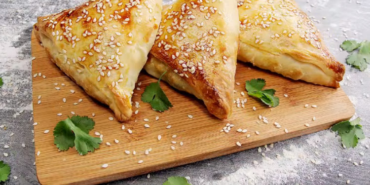 Three burekas laid out on a wooden cutting board.