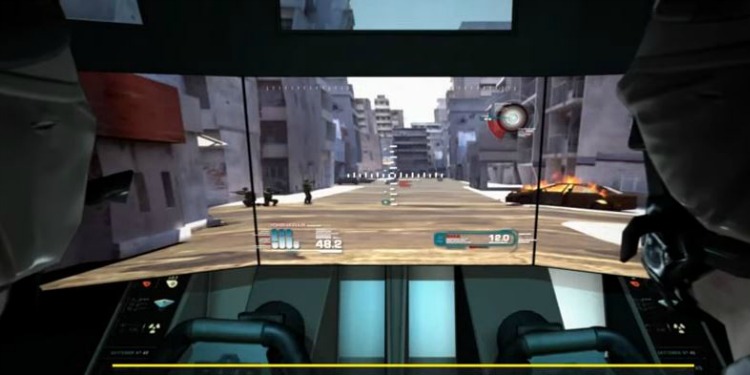 The inside view of a tank simulation while a city is under attack.