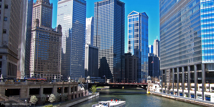 Skyscrappers lining the banks of the Chicago River.