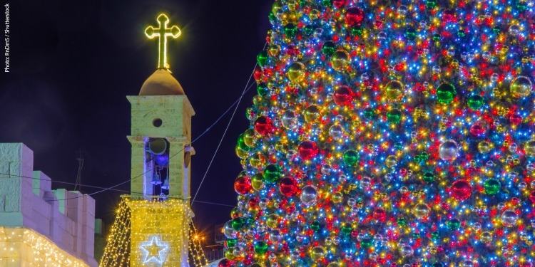 Christmas tree next to church