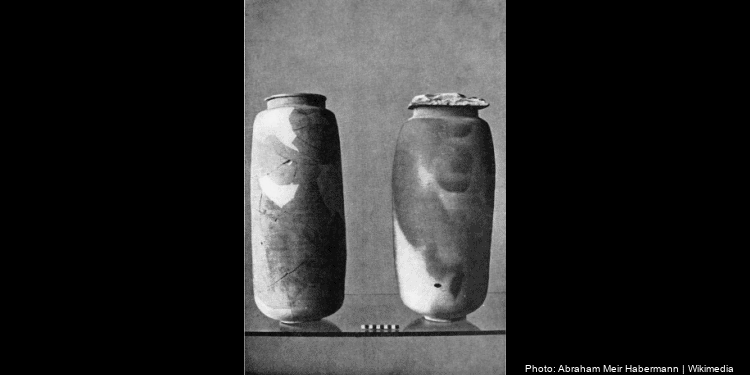 Seen here are two of the pots in which fragments and scrolls of the Dead Sea Scrolls were found at Qumran.